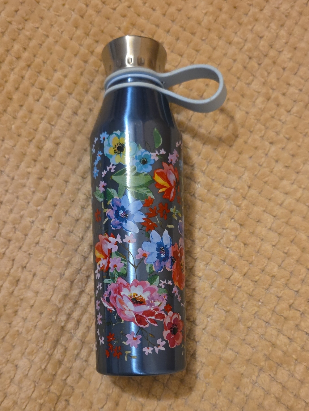 Pioneer Woman Stainless Bottle Metallic Blue With Floral Design  - 18oz